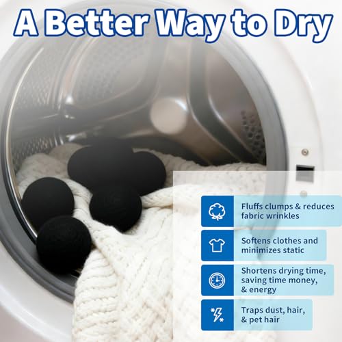 Wool Dryer Balls, New Zealand Dryer Balls Laundry Reusable Reduce Static Cling, Dryer Ball to Reduce Wrinkles & Shorten Drying Time, Drying Balls for Laundry(Pack of 6) (Black) - color: Black