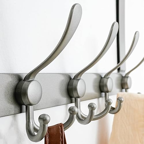 Dseap Over The Door Hook Hanger - Fits 1 3/8" to 1 3/4" Standard Doors | 5 Tri Hooks Heavy Duty Towel/Coat Rack | Door Organizer for Clothes, Jackets, Hats, Towels, Grey - color: Gray