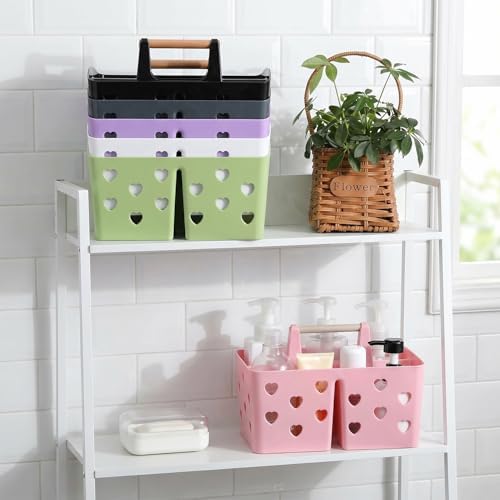 Gray Portable Shower Caddy, Plastic Basket Organizer with Wooden Handle - color: Gray