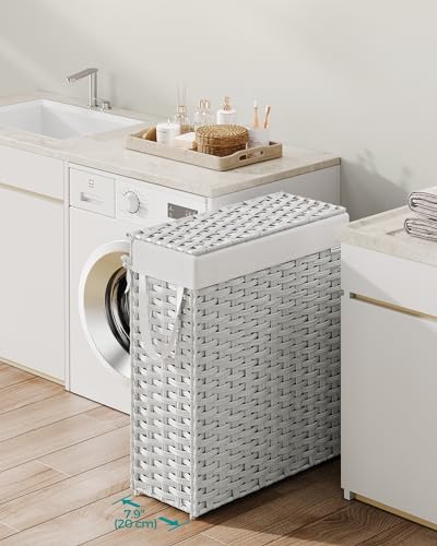 SONGMICS Laundry Hamper with Lid, 14.5 Gal (55 L) Synthetic Rattan,Foldable - color: Cloud White, size: 55 L