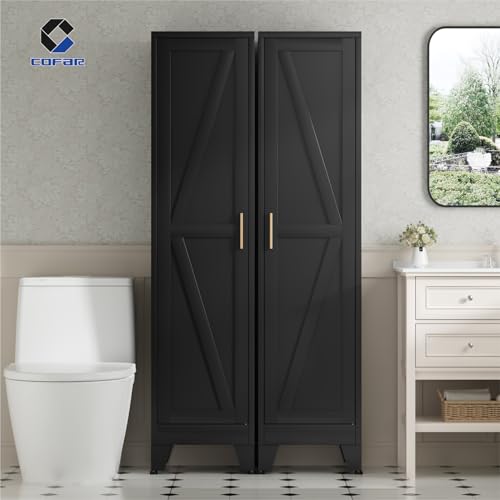 COFaR 67'' Tall Narrow Bathroom Storage Cabinet, Metal Farmhouse Skinny Pantry Cabinet with 4 Adjustable Shelves and One Door, Slim Cabinet Storage for Kitchen Garage, 5-Tier Black - color: Black, size: 67'' 1 Door 0 Drawer-Barn Door