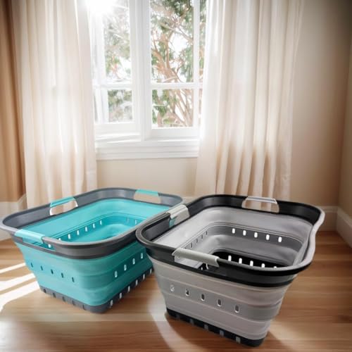 SAMMART 42L (11 gallon) Collapsible Plastic Laundry Basket - Foldable Pop Up Storage Container/Organizer - Portable Basket - Space Saving Hamper/Basket - color: Alloy Grey + Crystal Blue