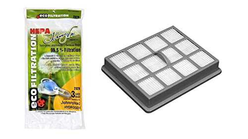 3 Replacement Johnny Vac Hydrogen 202H Hepa Vacuum Bags + FIHY10 Hepa Filter. Fits: Hydrogen and Hydrogen Fusion Models