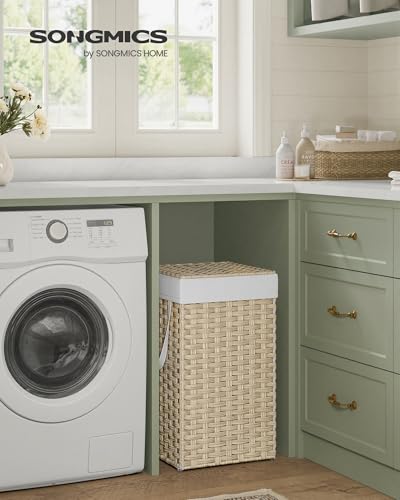 SONGMICS Laundry Hamper with Lid, 17.2 Gal (65 L) Synthetic Rattan,Foldable - color: Summer Sand, size: 65 L