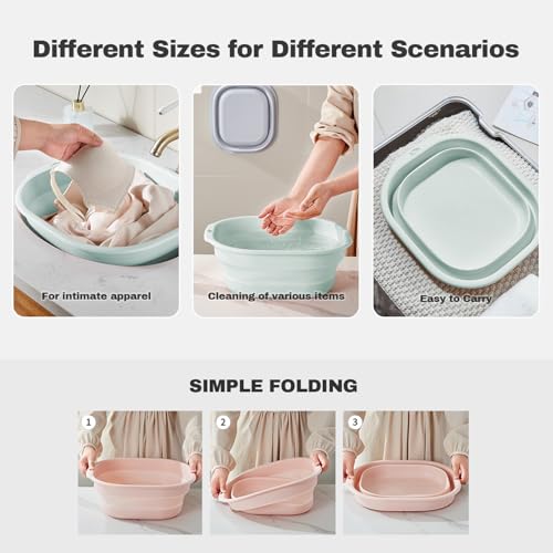 Collapsible Wash Basin Set of 3, Foldable Large Medium Small Wash Basins, Portable Plastic Basins for Laundry, Bottles, Travel, Camping (Green) - color: Green