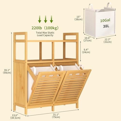 VASMIA Tilt Out Laundry Hamper Cabinet, Bamboo Double Laundry Hamper with 2 Removable Laundry Baskets, 20 Gal Laundry Sorter Organizer with Shelf for Dirty Clothes, Bathroom, Laundry Room, Natural - color: Natural, size: 31.1"L x 13.6"W x 39.1"H