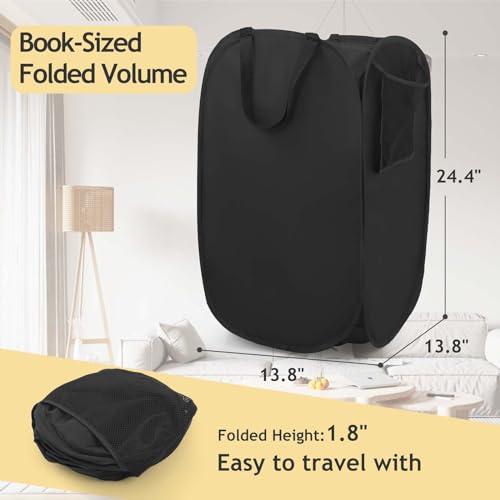 Upgraded Polyester Pop-up Laundry Hamper 2 Pack, 70L(18.5 Gal) Laundry Basket with Durable Handles Solid Bottom High Carbon Steel Frame and Side Pocket, Easy to Open Fold Flat for Storage - color: Deep Black, size: 2-Pack