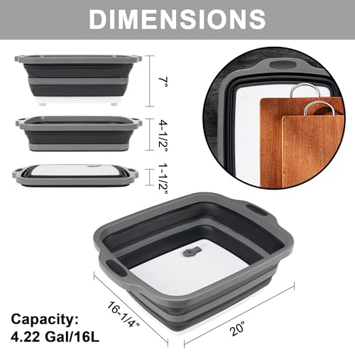Tiawudi Large Collapsible BBQ Prep Tub with Lid(4.22 Gal/16L), Foldable Camping Sink with Colander, Cutting Board, Dish Basin for Kitchen, Bowl, Vegetable and Fruit, Storage Basket for Picnic - color: Black, size: 20"L x 16.3"W