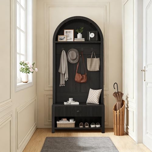 70.86" Hall Tree with Bench and Shoe Storage, Entryway Hall Tree, 4-in-1 Arch Coat Rack Freestanding with Fluted Doors, Retro Coat Tree, Furniture Organizer for Hallway, Entryway, Black - color: Black