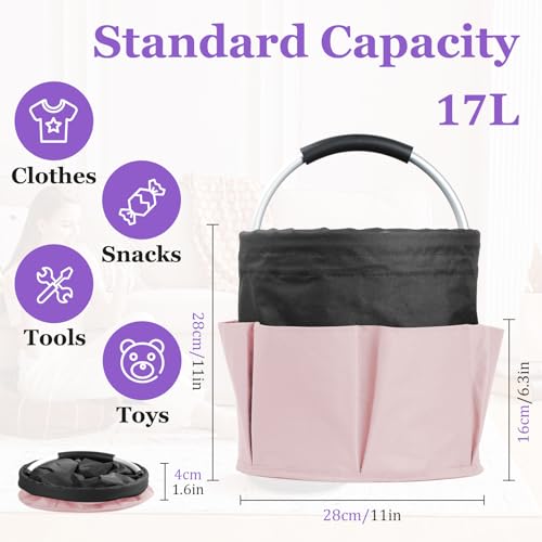 17L Cleaning Supply Caddy for Family, Portable Shower Caddy with Handle and 6 Pockets, Foldable Tool Bucket Organizer, Large Storage Basket for Camping, Gardening, Black with Pink - color: Black with Pink, size: 1PCS