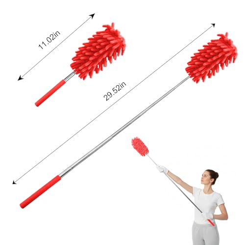 Extendable Feather Duster Telescopic Dust Remover for Home Office Car Furniture High Ceiling Cleaning Multi Purpose Tool(Red,Long Head) - color: Red, size: 11.0 in