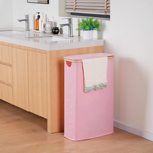 efluky Slim Laundry Basket with Lid, Narrow Laundry Hamper with Removable Bag, Skinny Dirty Clothes Basket with Bamboo Handles for Bathroom, Bedroom & Laundry Room, 63L Pink - color: Pink, size: 63L