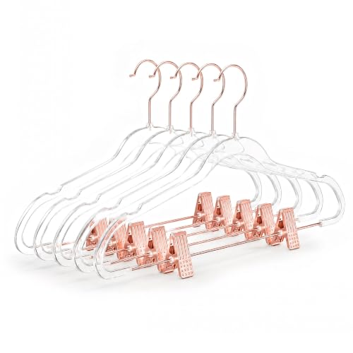 MIZGI Slim Clear Rosegold Pants & Skirt Hangers (20 Pack) – Adjustable Clips & Hooks, Transparent Non-Felt, Space-Saving for Dresses, Shirts, Blouses - color: Clear/Rosegold, size: 20-Pack