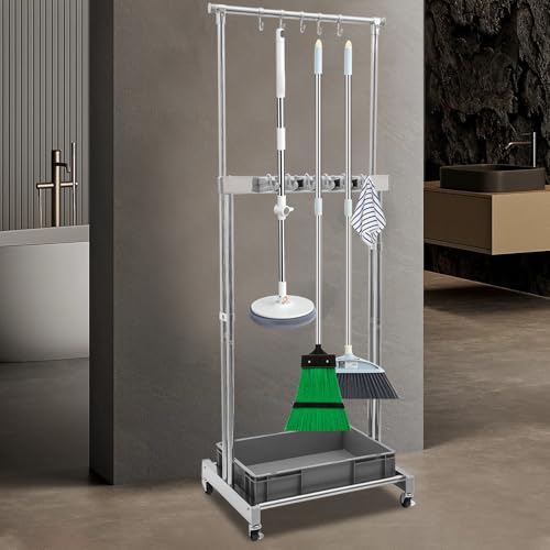 Broom and Mop Holder, Mobile Cleaning Tools Storage Cart with Wheels, Cleaning Supplies Organizer with 5 Slots 12 Hooks and Drip Tray, Janitorial Cart for Home Garage Laundry Room Office