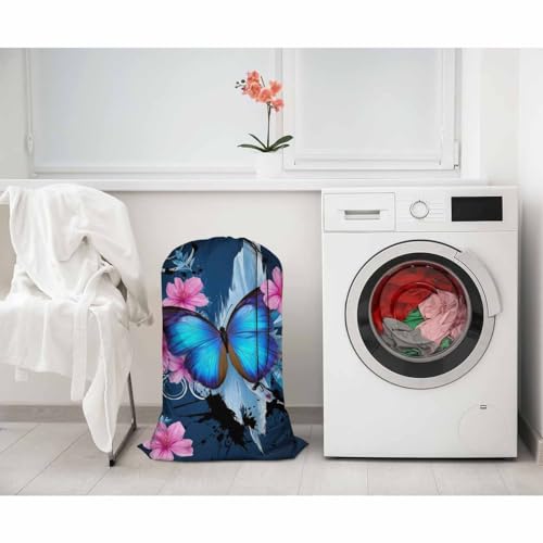 Swono Blue Butterfly Extra Large Laundry Bag with Drawstring Heavy Duty Travel Dirty Clothes Bag for Laundromat Household, Pink Floral Rip-Stop Laundry Hamper Liner, 28 x 40 Inch, Stroke Painting - color: Blue Butterfly