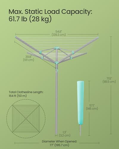SONGMICS Umbrella Drying Rack, Foldable Outdoor Clothesline for 5 Loads - size: 54.8"D x 54.8"W x 71.5"H, style: Standard (Steel)