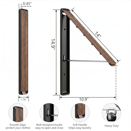 Dr.DJ Clothes Drying Rack, Wall-Mounted Retractable & Foldable Clothes Hanger for Laundry Room Organization and Storage, Metal Clothes Hanger Rack for Dorm, Closet, Balcony(1 Pack, Wood) - color: Wood1