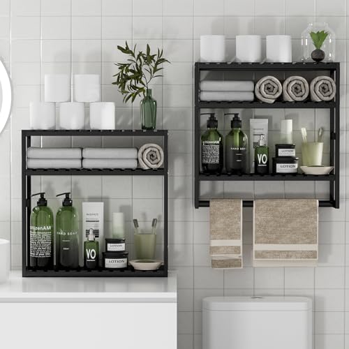 PPN 100% Bamboo Towel Rack Bathroom Storage Shelves Over Toilet Towel Bar - color: Black Standard 1 Pack