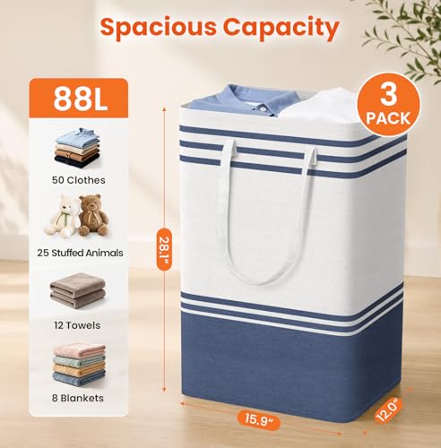 TranquilRelax 3-Pack Laundry Basket, Laundry Hamper, Blue-88L - color: Blue, size: 88L