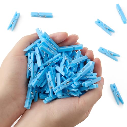 100 Pcs Baby Shower Clothespins 1.4 Inch Blue Mini Plastic Clothes pins with 33 Ft Jute Twine, Small Tiny Clothes Pins for Boy Baby Shower Games, DIY Crafts Photos Decorations - color: Blue