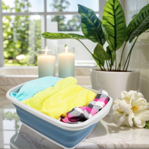 SAMMART 10L (2.6 Gallons) Collapsible Tub - Foldable Dish Tub - Portable Washing Basin - Space Saving Plastic Washtub (Grey/Steel Blue, 1) - color: Grey/Steel Blue