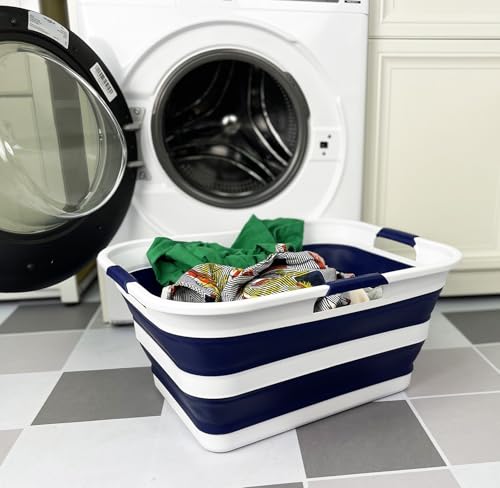 SAMMART 42 (11 Gallons) Collapsible Plastic Laundry Basket, Foldable Pop Up Storage Container/Organizer, Space Saving Hamper, Portable Bin for Dorm Room Bathroom (1, White/Starry Blue) - color: White/Starry Blue