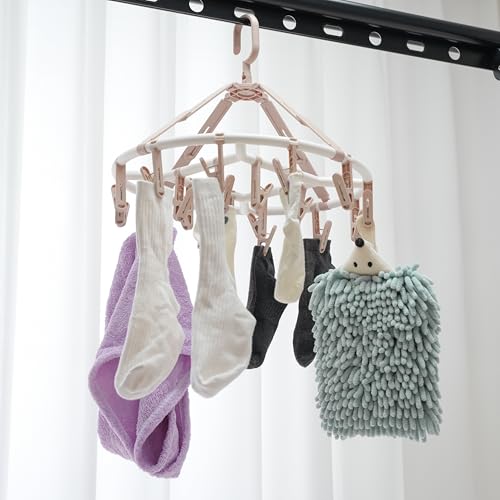 Foshine Clothes Drying Racks Foldable with 20 Drying Clips Drip Hanger - color: Light Pink-circle