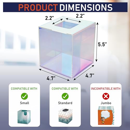 Acrylic Tissue Box Holder, Clear Dispenser for Facial Tissues, Napkins, and Dryer Sheets. Perfect for Bathrooms, Desks, Countertops, Vanities, Bedrooms, and Nightstands (Square, Iridescent) - color: Iridescent, size: Square