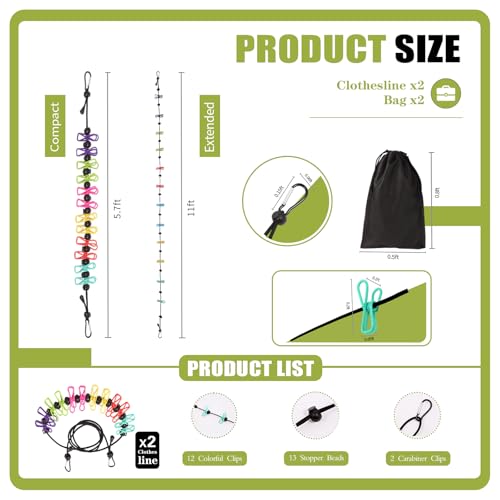 2 Pack Portable Travel Clothesline with 12 Clothespins, Retractable Portable Clothesline for Camping, RV, Backpacking,Hotel Set 2 D Ring Carabiner Clip,Can extends to 11ft, Storage Bag Included.