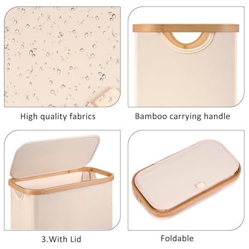 Slim Laundry Basket with Wheels,Narrow Hampers for Laundry,Freestanding Laundry Hamper with Lid&Bamboo Handles,Collapsible & Waterproof Tall Cloth Hamper for Dorm Family(60L Beige) - color: Beige, size: 60L with Wheels