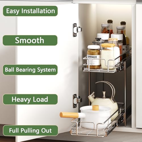 2 Tier Individual Pull Out Cabinet Organizer 5½" W x 21½" D, Heavy Duty Cabinet Pull Out Shelves, Slide Out Drawers Organization for Kitchen Cabinets Bathroom - color: 2 Tier, size: 5½"W x 21½"D