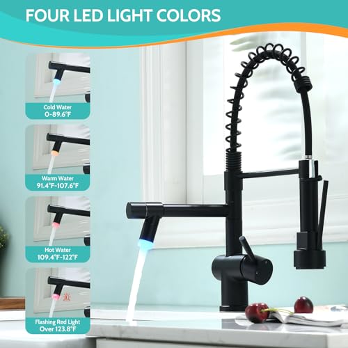 Kicimpro Matte Black LED Kitchen Faucet with Pull Down Sprayer, 304 Stainless Black Faucet for Kitchen Sink, Modern Single Handle High Arc Bar Kitchen Sink Faucet for One Hole Or Three Hole Sink - color: Matte Black, size: 16.9 Inches