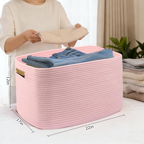 75L Large Woven Storage Basket, Pink Cotton Rope Laundry Hamper with Handles, 22”x17”x12” Rectangle Blanket Basket for Toys, Clothes, Pillows, Nursery and Living Room,Shelf Basket - color: Pink, size: 75L