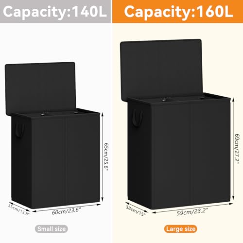 Chrislley Double Laundry Hamper with Lid, 160L Laundry Basket 2 Section - color: Black, size: 160L(25.0"L x 14.2"W x 27.2"H)
