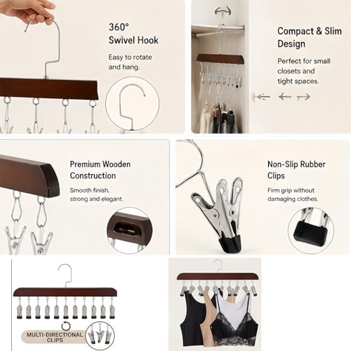 2 Pack Wooden Clip Hanger 360° Swivel Closet Organizer w/10 Clips