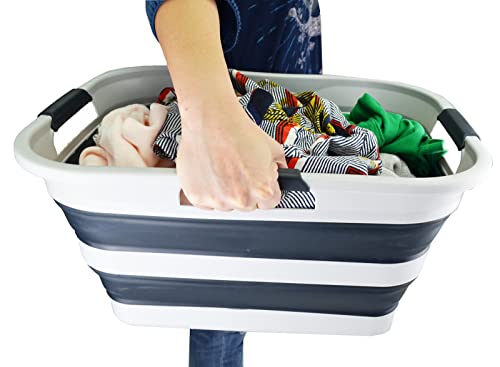 SAMMART 30L(8 gallon) Collapsible Plastic Laundry Basket - Foldable Pop Up Storage Container/Organizer - Space Saving Hamper/Basket - Water Capacity 24L(6.3 gallon) (1, Grey/Slate Grey) - color: Grey/Slate Grey