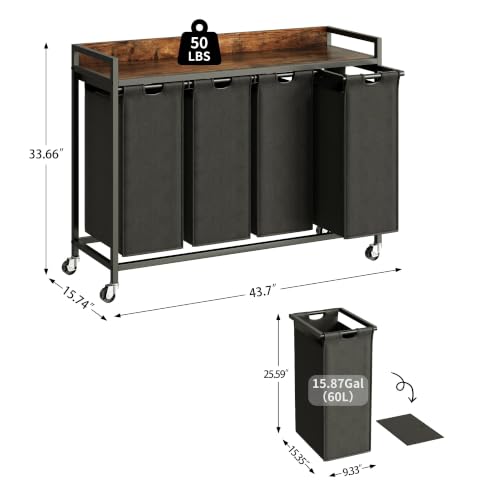 Herture Laundry Hamper with Shelf, Laundry Basket 4 Section, Laundry Sorter with Pull-Out Removable Large Bags and Movable Wheels, Metal Frame, 4 x 15.87 Gallons (60L), Rustic Brown + Black PF07XLY - color: Rustic Brown + Black, size: 4 Bags-240 L
