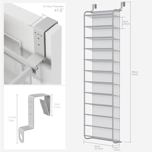 Whitmor 36 Pair Over the Door Shoe Rack,12 Tier Hanging Shoe Organizer with Metal Frame & Mesh Shelves, Heavy Duty Shoe Storage Holder for Door, No Drill Installation, 74" H x 21.7" W x 7.5" D, Grey - color: Grey