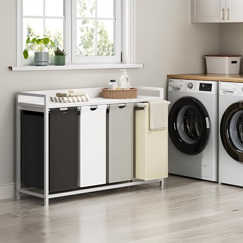Herture Laundry Hamper with Shelf, Laundry Basket 4 Section, Laundry Sorter with Pull-Out Removable Large 4 Color Bags and Movable Wheels, Metal Frame, 4 x 15.87 Gallons (60L), White PF07XLE - color: White + 4-Color, size: 4 Bags-240 L