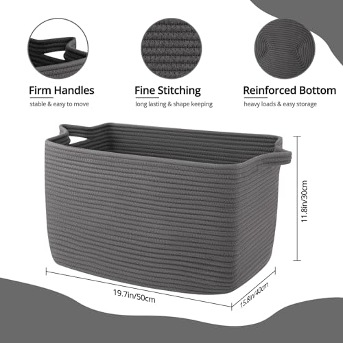 OIASKET Large Toy Basket, Rectangle Woven Rope Storage Basket for Blankets, Dirty Clothes, Shoes, Nursery Organizer Bins (Dark Grey) - color: Dark Grey, size: 19.7"x15.8"x11.8"