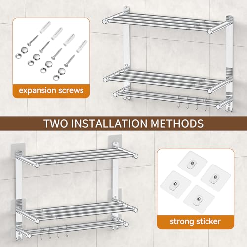 Bathroom Towel Rack with Shelf and Towel Bar, 2-Tier Expandable (16.9 to 28 Inches) SUS304 Stainless Steel, Wall Mounted or Adhesive, 4 Sliding Hooks Rust Resistant, Rounded Corners, Side Guards - color: Bathroom Towel Rack With Shelf