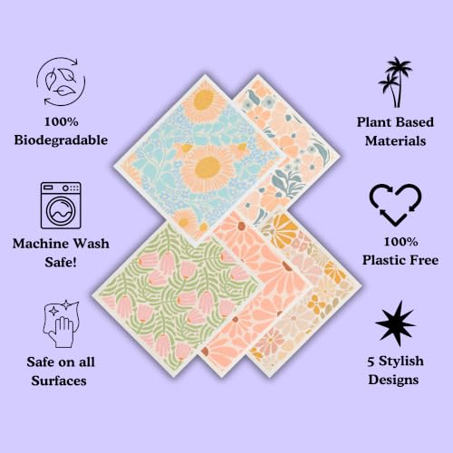 Palm & Peace Swedish Dishcloths for Kitchen - 5 Pack - Reusable Paper Towels - Super Absorbent, Non-Scratch, Washable, Sustainable, 100% Compostable Cleaning Cloths (Groovy Blooms) - color: Groovy Blooms