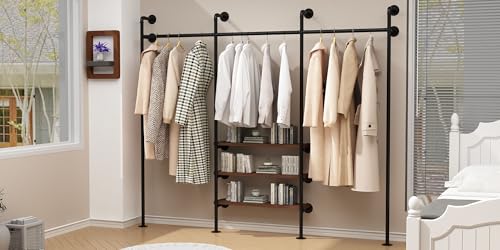 HOMEKAYT Industrial Pipe Clothes Rack,Wall Mounted Clothing Rack with Shelves, Heavy Duty Multi-Purpose Storage Clothes Hanging Shelf - 94.5''L Black - color: black, size: 94.5''L-A
