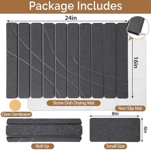 Large Stone Dish Drying Mat for Kitchen Counter,2 PCS Quick Dry Stone Mats,Foldable Water Absorbing Diatomaceous Drying Pad for Countertop Bottles Utensils Cups (Flow Line Dark Gray 24"x16" & 8"x4") - color: Flow Line Dark Gray, size: 24" x 16"