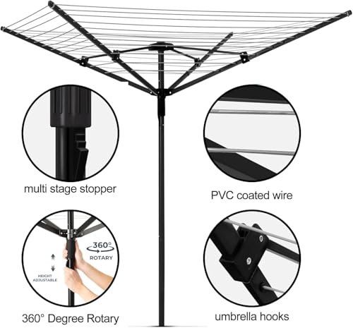 Outdoor Umbrella Clothesline, 165 Feet Heavy Duty Rotary Dryer