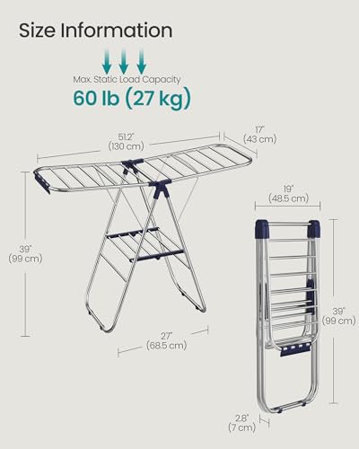 SONGMICS Clothes Drying Rack, Foldable Metal Airer, 17 x 51.2 x 39 Inches - color: Blue, size: 51.2"W x 39"/44.9"H