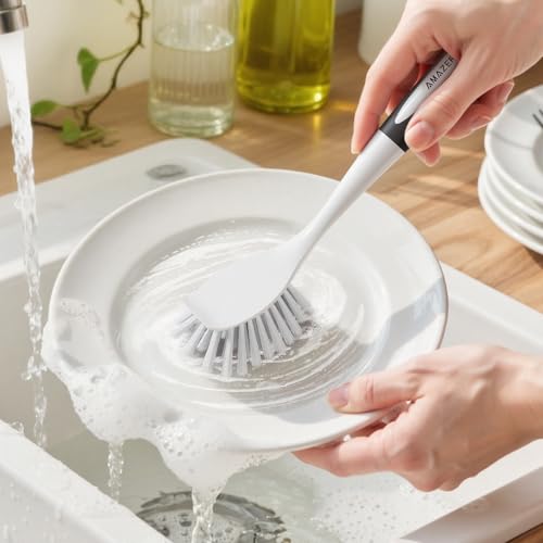Amazer Dish Brush, 2 Pack Dish Scrubber with Handle, Kitchen Dishes Brushes, Scrub Brush with Stiff Bristles for Cleaning, Sink, Pots, Pans - color: Gray+black, size: 2 Pack