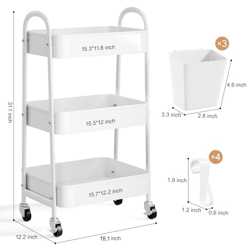 3 Tier Heavy Duty White Metal Rolling Cart with Lockable Wheels,Roller Cart - color: Simple White, size: 3 tier