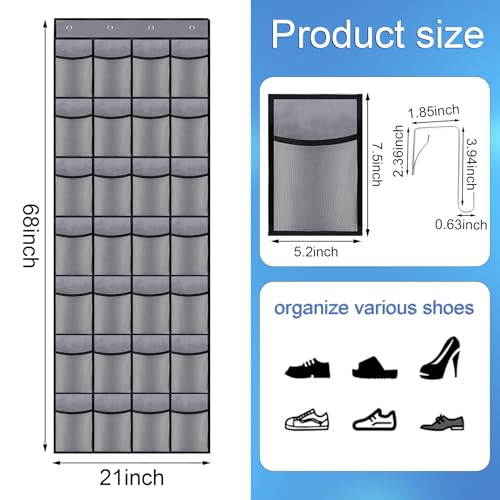 28 Mesh Pockets Hanging Over the Door Shoe Organizer, (Gery) - color: Grey, size: 68"x22"