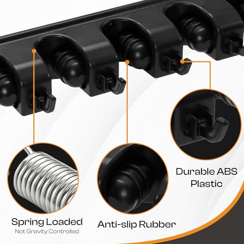 ABS Plastic Broom Holder Wall Mount, 5 Slots & 6 Hooks - size: 5 Slots & 6 Hooks